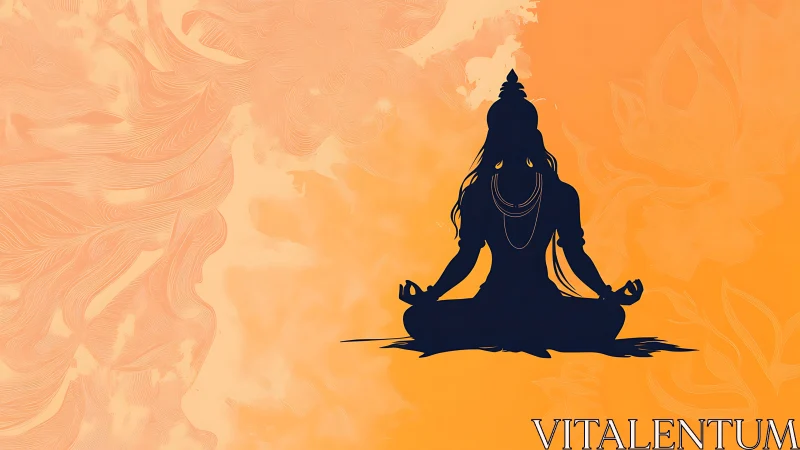 Meditative deity silhouette against warm orange lotus field.