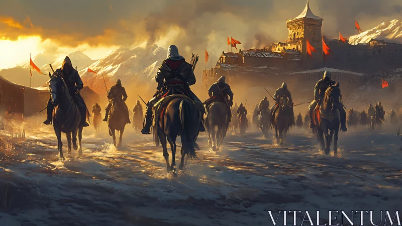 Mounted warriors advance toward fortified snowbound citadel.