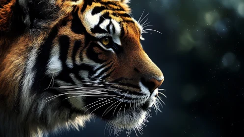 Tiger profile closeup with detailed stripes and whiskers.