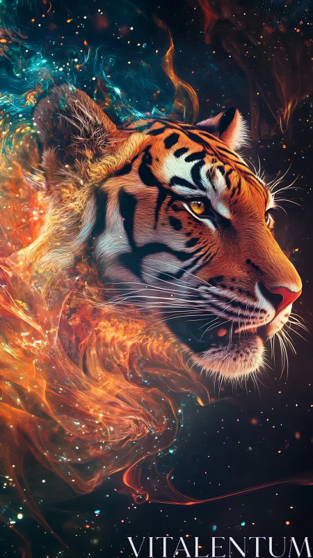 Cosmic tiger portrait with luminous nebula fire trails.