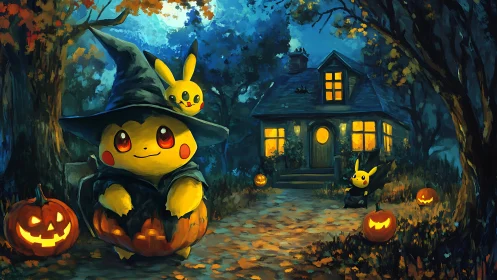 Pikachu in Halloween costumes outside lit forest cottage.