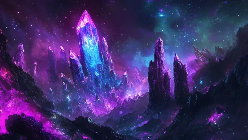 Luminescent alien crystal spires under saturated nebular sky