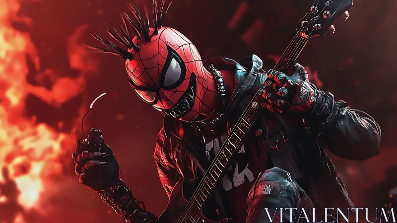 Fiery punk rocker in a spidery mask shredding the night.