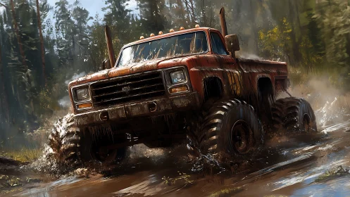 Lifted mud truck traverses shallow forest waterlogged track