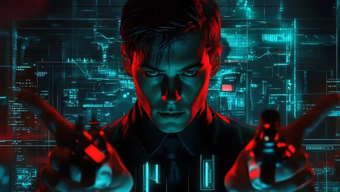 Cyberpunk hacker points handheld devices toward viewer