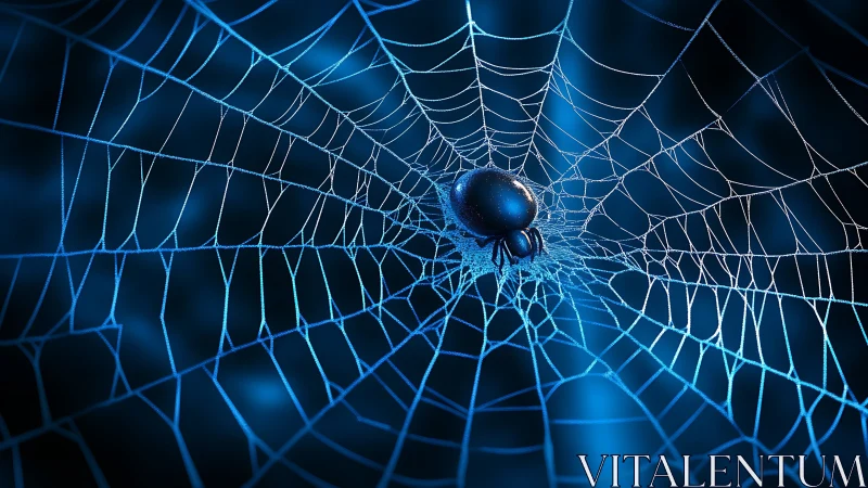 Spider centered on illuminated web in dark blue environment.