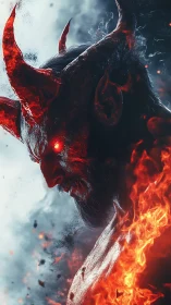 Infernal horned demon portrait in high-contrast ember-lit profile