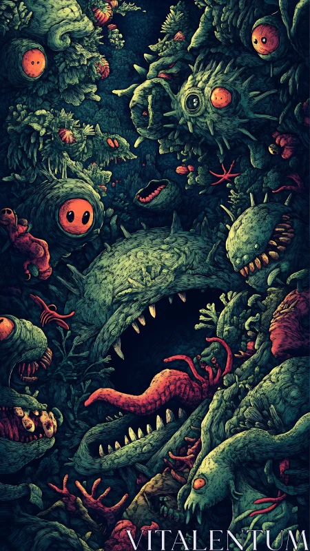 Monstrous bioluminescent swarm in dense abyssal flora.