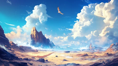 Soaring eagle above luminous desert mesas at dawn.