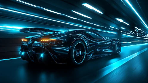 Futuristic sports car moves through illuminated tunnel corridor