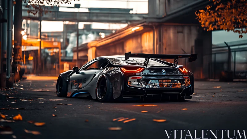 Neon kissed BMW racer stalks an autumn drenched city street.