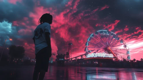 Silhouetted figure studies neon ferris wheel under red sky