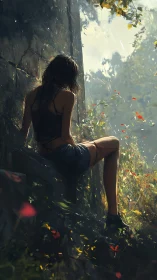 Solitary woman rests in ruined garden washed by quiet rain