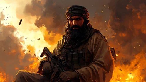 Storm-lit warrior framed by fire and swirling embers.