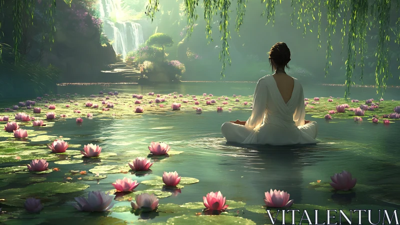 Woman meditates on lotus pond beneath tranquil waterfall light
