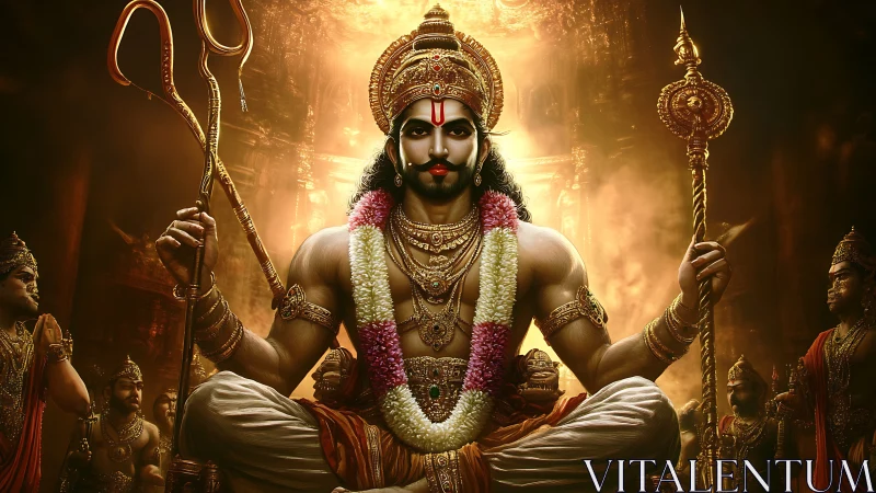 Central seated deity with trident and mace in ornate hall.