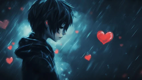 Melancholic anime boy in rain with glowing red hearts drifting