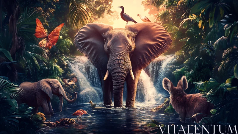 Majestic elephant leading vibrant jungle wildlife tableau.