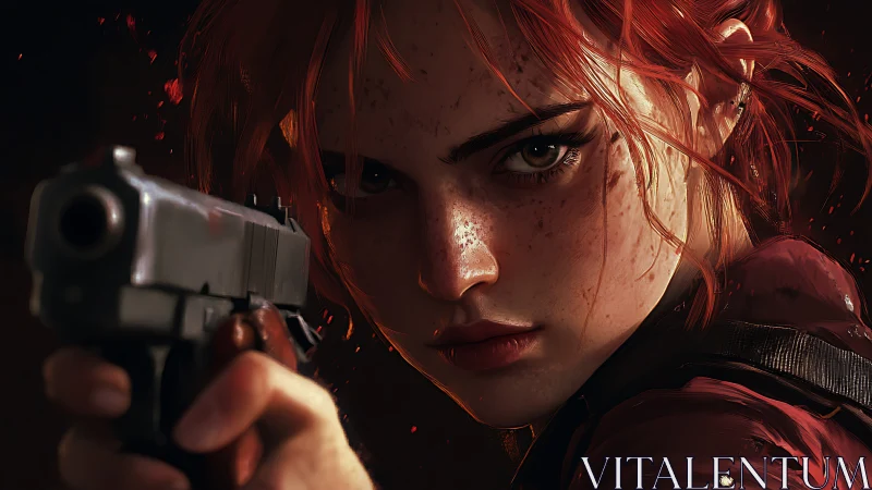 Intense red haired woman aiming handgun in close focus