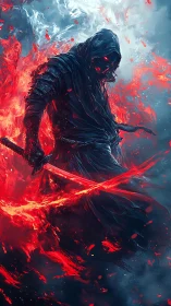 Hooded swordsman with glowing blade in red energy field.