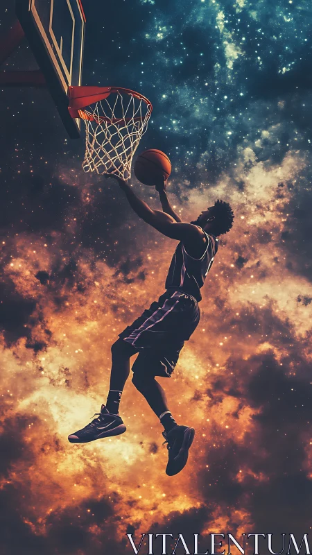 Basketball player soars toward rim against cosmic sky backdrop