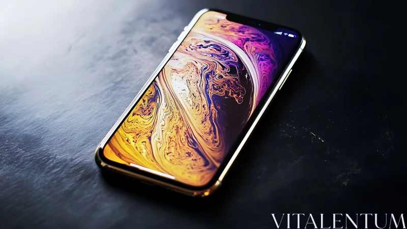 Premium smartphone with gold glass edge and vivid swirl display.