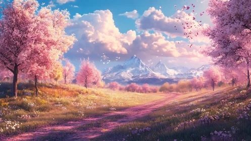 Blossoming spring path leads gently toward quiet snow peaks