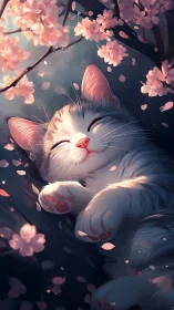 Felid Resting Among Cherry Blossoms: Soft-Focus Floral Study