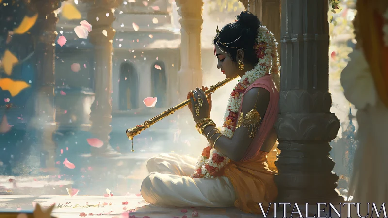 Divine flutist in garlands amid soft temple light.