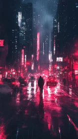 Lone silhouette walks through neon soaked cyberpunk rainstorm.