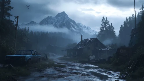 Abandoned rural road under misty mountains with wet reflective mud