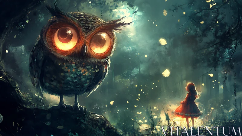Giant owl meets glowing girl in moonlit fantasy forest