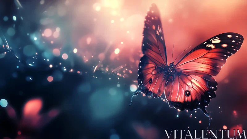 Glowing red butterfly hovers in luminous bokeh dusk field