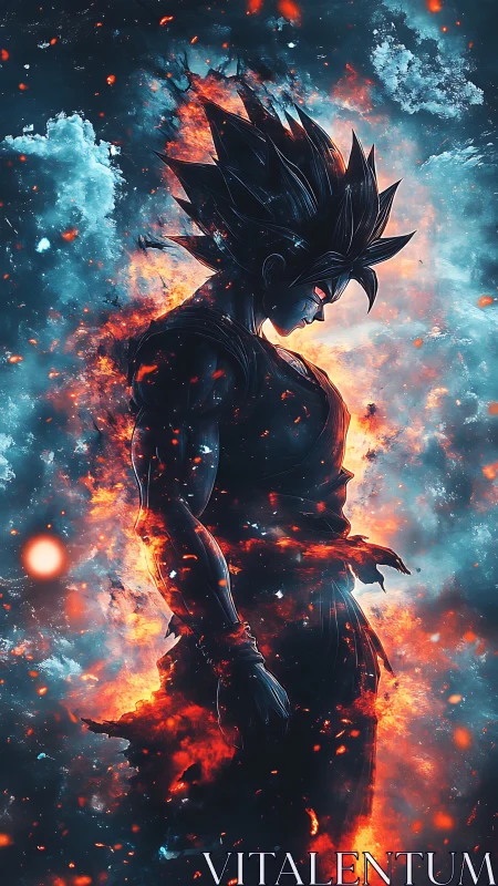 Fiery anime warrior silhouette immersed in cosmic flames.