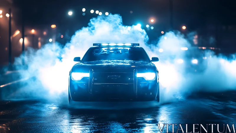 Police patrol car with emergency lights in night street scene.
