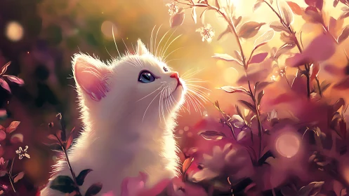 White feline positioned among flora with warm atmospheric lighting.