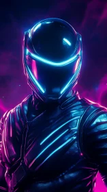 Neon-lit cyber helmeted rider stands in chromatic vapor glow