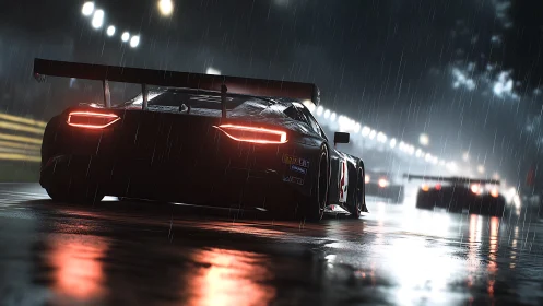 Sleek race car glowing through rain on a night circuit.