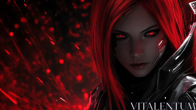 Cybernetic red‑haired operative with luminous ocular implants.