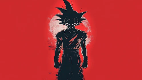 Silhouetted anime warrior stands defiant before red moon