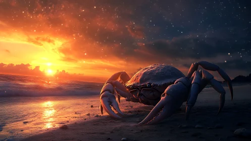 Giant crab on glowing shoreline under vivid sunset sky.