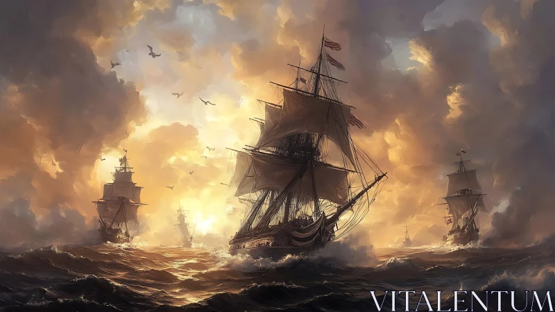 Sunlit tall ships catching golden wind over rolling seas.