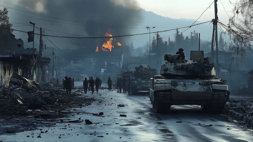 Urban street under military occupation and heavy destruction.