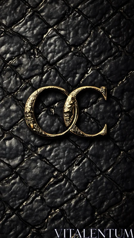 Gold monogram emblem mounted on padded black quilted leather