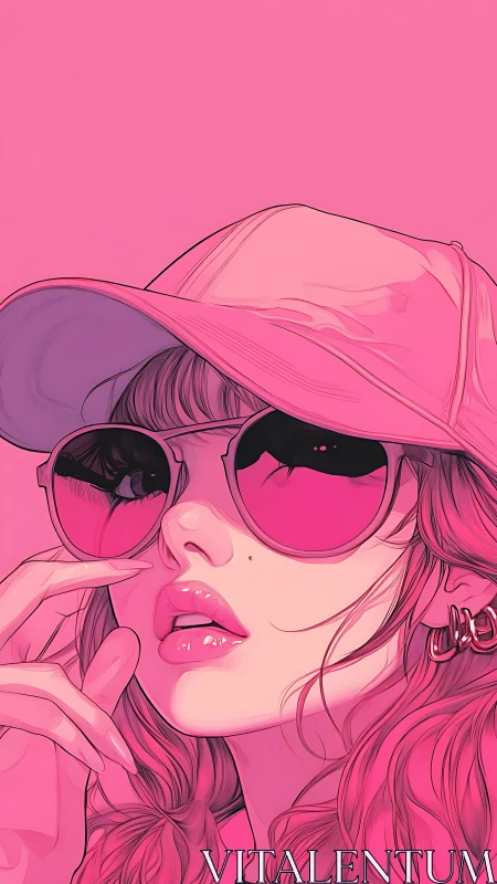 Radiant pink portrait of stylish girl in sunglasses and cap.