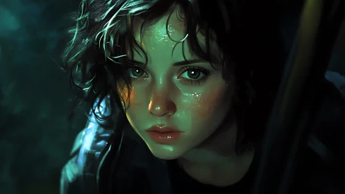 Cinematic close-up of wet-faced woman in moody teal lighting
