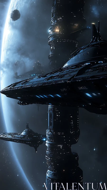 Orbital starbase towers above blue planet in deep space.