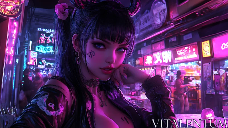 Cyberpunk girl leans at neon bar in rain-soaked alley