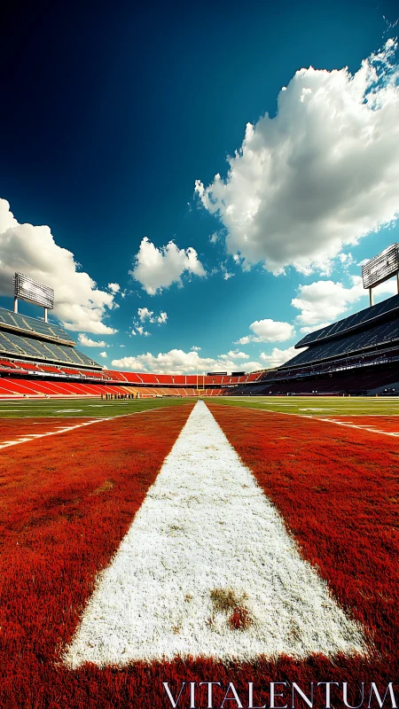 Empty football stadium field with central white yard line.