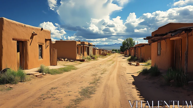 Desert adobe street under midday cumulus sky with deep perspective